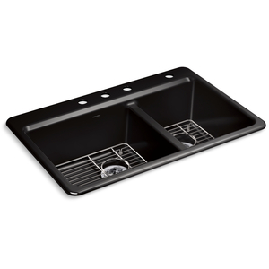 K8669-4A1-7 Riverby White/Color Dual Mount Double Bowl Kitchen Sink - Black Black