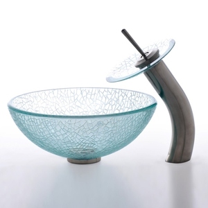 KCGV5001412MM10SN Waterfall Vessel Style Bathroom Sink - Crackeled Glass / Satin Nickel KCGV5001412MM10SN Waterfall Vessel Style Bathroom Sink - Crackeled Glass / Satin Nickel
