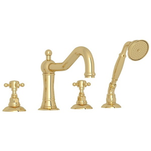 RA1404XMULB Acqui Deck Mount With Handshower Tub Faucet - Unlacquered Brass